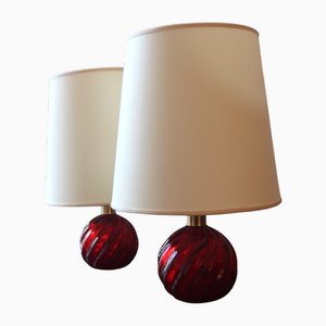 Italienische Mid-Century Tischlampen aus rotem Muranoglas von Paolo Venini, 1950er, 2er Set