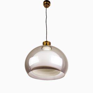 Italian Purple and White Acrylic Glass, Brass and Aluminum Pendant Lamp attributed to Lamter, 1960s