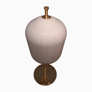 Grand Lampadaire en Laiton Satiné et Verre Milky Nervuré