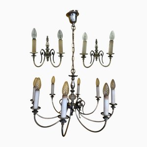 Lampadario e applique in argento e cristallo, anni '40, set di 3