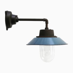 Vintage Industrial Blue Enamel and Clear Glass Wall Light