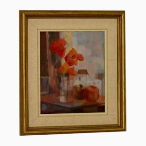 Reuben Hedin, Still Life with Red and Orange Flowers, 1950s, Oil on Canvas, Framed