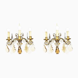 Italian Gold Leaf Metal and Faceted Crystal Sconces with Stars and Obelisks Decor, 1930s, Set of 2