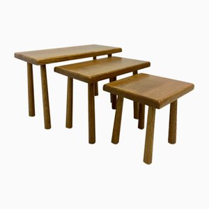 Tables Gigognes Brutalistes en Chêne, 1970s, Set de 3