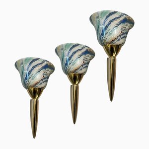 Murano Glass Brass Sconces, 1980s, Set of 3