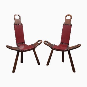 Chaise Brutaliste en Bois et Cuir Rouge, Espagne, 1960s, Set de 2