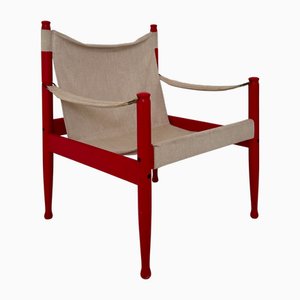 Mid-Century Safari Chair in Red Lacquered Beech by Erik Worts for Nils Eilersen, 1960