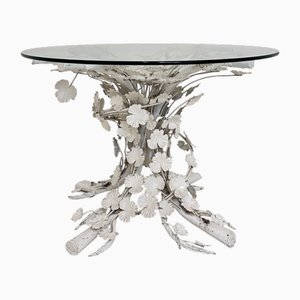 Mesa de comedor italiana Mid-Century redonda con flores de metal blanco y vidrio, 1972