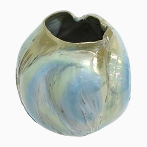 Vase Vintage Sculptural Fait Main Vert Irisé et Bleu en Faïence, Italie, 1960s