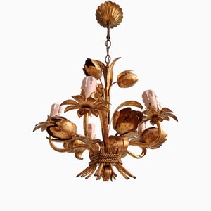 Italian Hollywood Regency Style Floral Chandelier in Gold Metal, 1970s