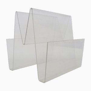Revistero vintage de vidrio acrílico transparente, años 70
