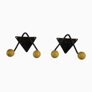 Patères Vintage en Fer Forgé Noir et Bois Jaune par Roger Ferraud, 1950, Set de 2