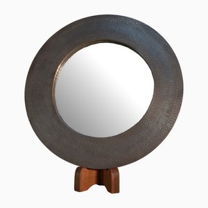 Small Vintage Round Mirror in Wood and Hammered Metal, 1980s