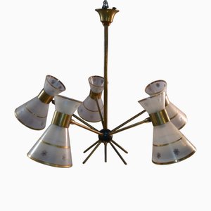 Lustre Diabolo en Verre Givré et Ciselé avec Décor Floral, 1950s