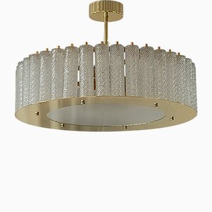 Mid-Century Art Glass and Brass Round Murano Chandelier and Pendant