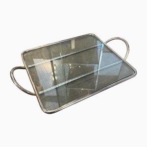 Modern Lino Sabattini Clear Glass and Silver Plated Bar Tray by Lino Sabattini, 1990s