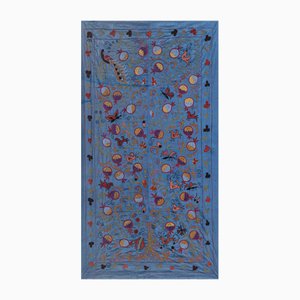 Silk Suzani Blue Runner with Tree of Life Pattern, 1960s
