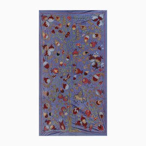 Vintage Silk Suzani Blue Runner with Tree of Life Pattern, 1960s