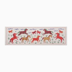 Uzbek Suzani Animal Cotton Tablecloth, 19th Century Bukhara Wall Hanging Decor - Cotton Horse Runner 18 X 49