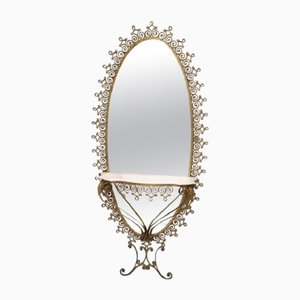 Espejo de pie oval grande de hierro de mediados del siglo XX con mesa Consolle de mármol atribuido a Pier Luigi Colli