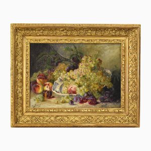 Léon Marie Benoit, Still Life with Fruit, Peaches and White Grapes, Oil on Canvas, 19th Century