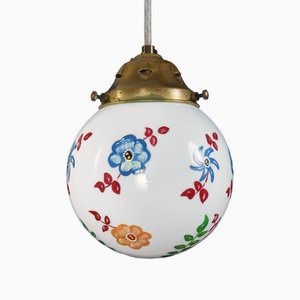English Arts & Crafts Opaline Globe Pendant Lamp with Hand-Painted Flowers, 1910s