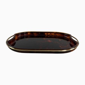 Italian Oval Tray in Acrylic Glass and Brass attributed to Guzzini, 1970s