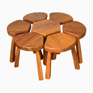 Flower Coffee Table Set with Elm Tripod Stools, 1950s, Set of 7