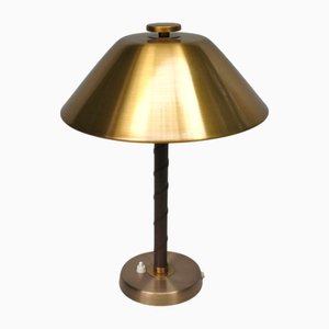 Lampe de Bureau Mushroom en Laiton et Cuir par Einar Bäckström, Suède, 1950s