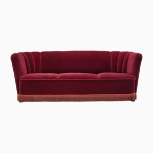 Dänisches Vintage 3-Sitzer Sofa aus kirschrotem Möbelvelours, 1960er