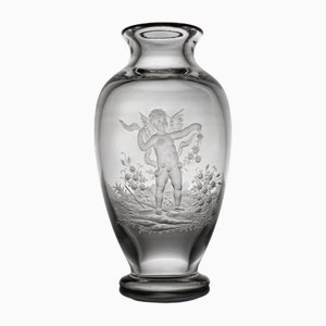French Miniature Carved Glass Intaglio Vase with Cherub by Eugene Michel, 19th Century