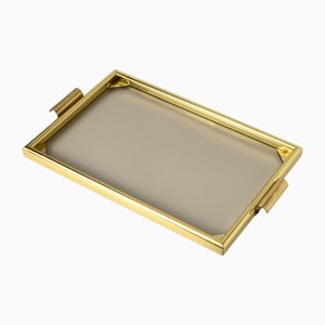 Vassoio vintage in ottone e vetro fumé, anni '70