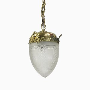 Antike französische Jugendstil Hängelampe aus Kristallglas & Messing
