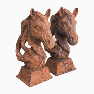 Large Horse Head Statues in Cast Iron, Set of 2