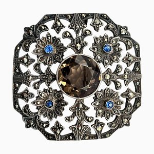 Antike edwardianische Brosche aus Silber 925, Markasit, Glas und Stein