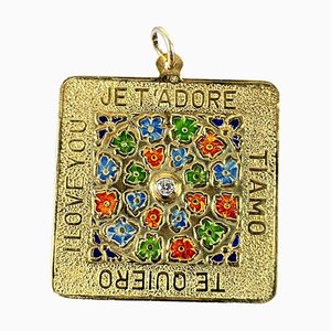 Colgante de oro amarillo de 18 k con flores esmaltadas I Love You de Merrin, años 60
