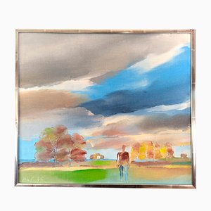 Soledad en la naturaleza paisaje, años 50, pintura al óleo, enmarcado