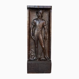 Antique Carved Oak Wood Panel of Wood Chopper