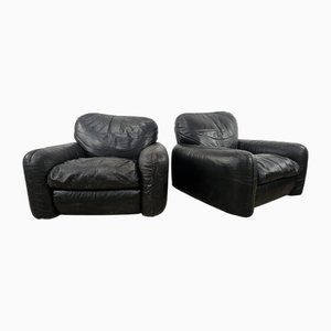 Set of Black Leather Piumotto Armchairs by Arrigo Arrigoni for Gruppo Industriale Busnelli, 1970