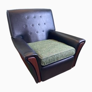 Sillón Mid-Century de vinilo negro con cojín de asiento de tela boucle verde, años 70
