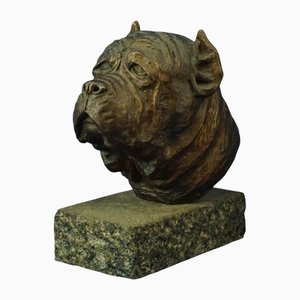 GC Pasquinelli, Sculpture Représentant la Tête d'un Chien Mastiff Napolitain, Bronze avec Socle en Pierre, Fin des années 1800
