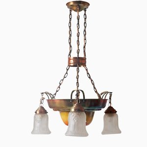 Danish Art Nouveau Chandelier in Brass, Copper and Ceramic, 1910s
