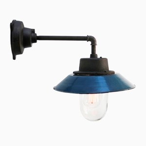 Blaue industrielle Vintage Wandlampe aus Emaille & Klarglas