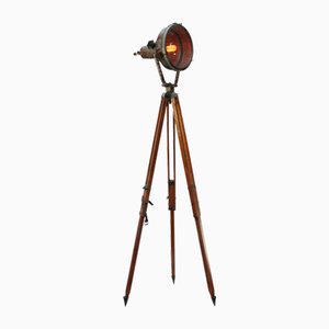Lampada da terra vintage industriale in vetro trasparente e legno