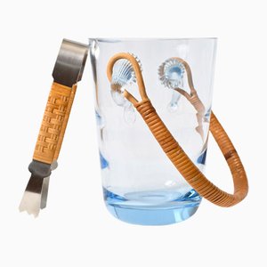 Danish Blue Glass Ice Bucket with Tongs from Holmegaard, 1960s, Set of 2