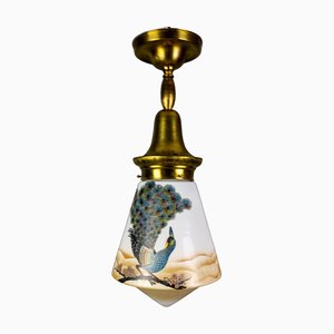 Art Deco Glass and Brass Pendant Light with Bird Paintings, France, 1930s