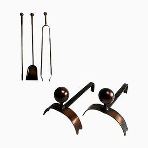 Mid-Century Brass and Metal Andirons, Italy, 1950s, Set of 2