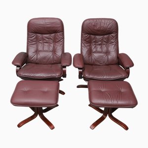 Armchairs with Footstools in Leather, Set of 4