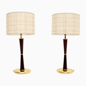 Vintage Wood and Brass Table Lamps, 1970, Set of 2