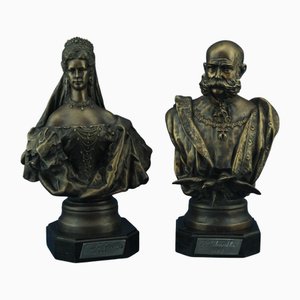 György Zala, Busti Art Nouveau della principessa Sissi e dell'imperatore Francesco Giuseppe d'Austria, 1898, Bronzi dorati, set di 2